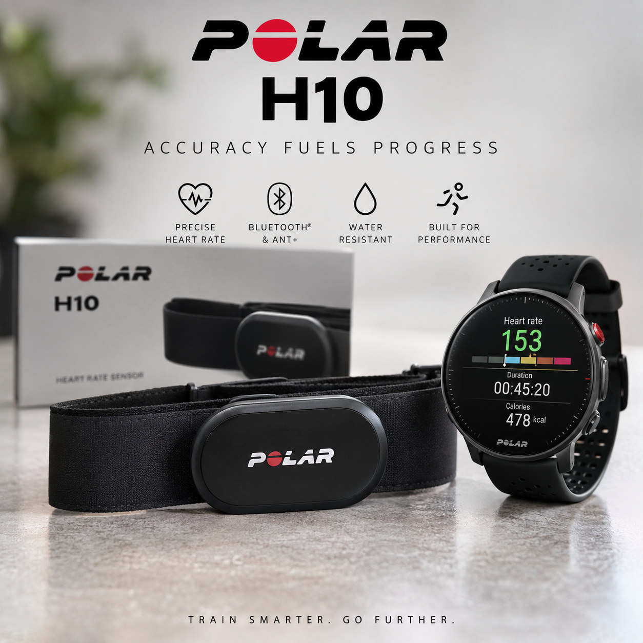 AI illustration for the Polar H10 review showing a chest strap alongside an illustrative watch; watch not included.