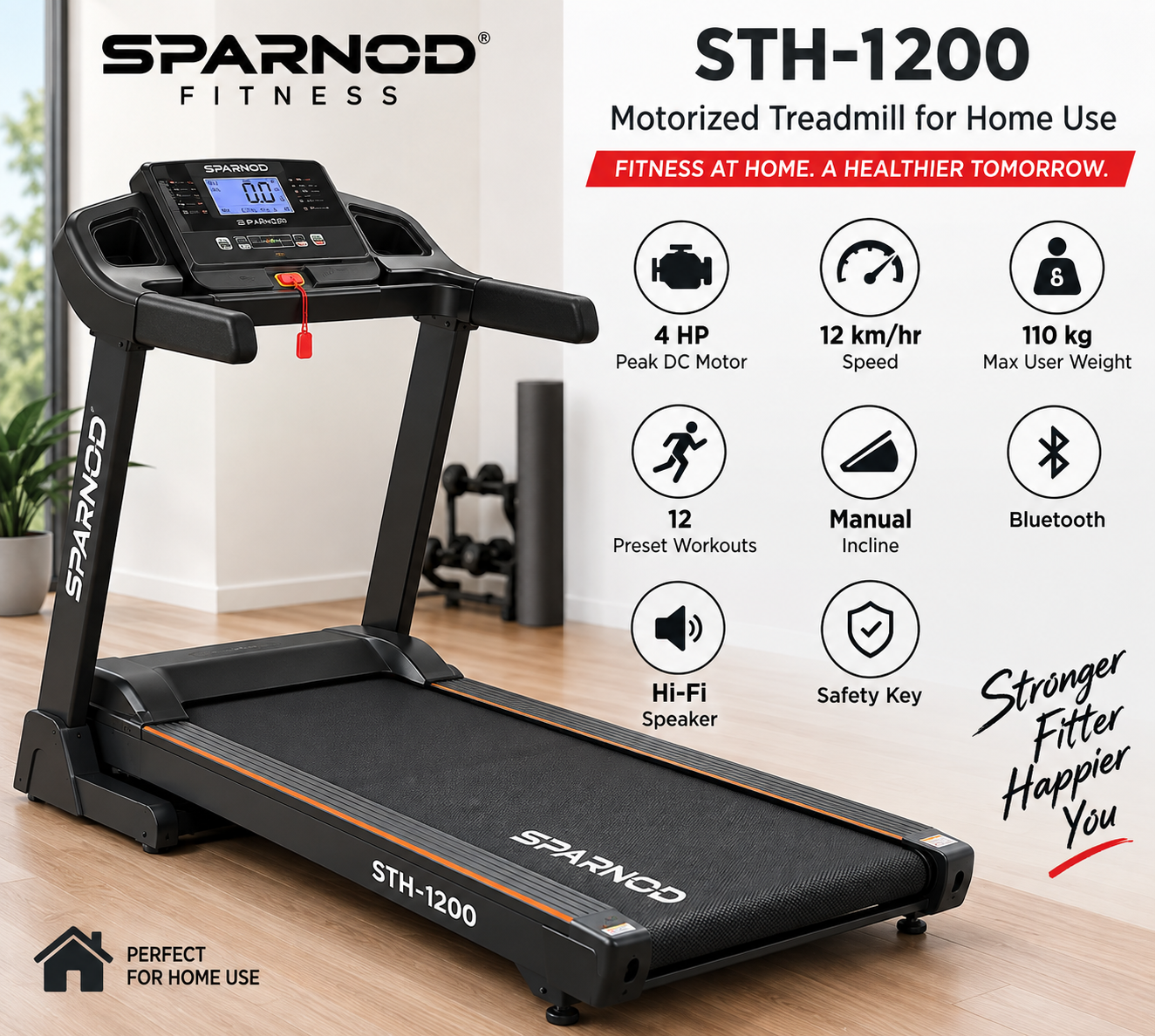 Sparnod STH-1200 treadmill illustration with home workout features