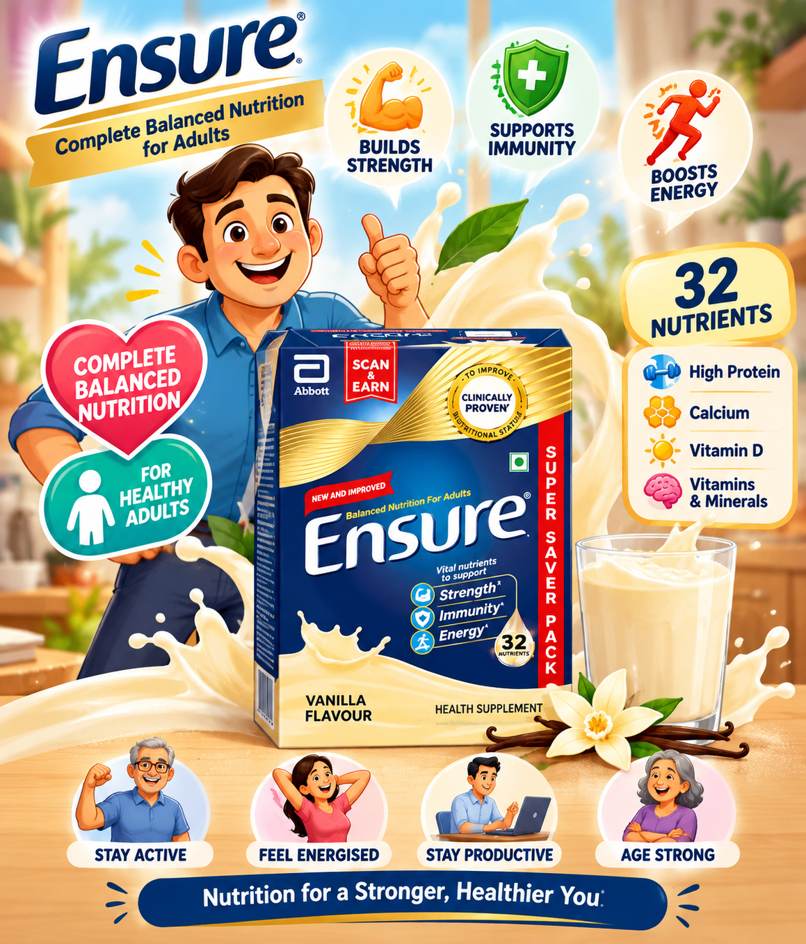 Ensure Vanilla powder artistic illustration with pack and nutrition drink