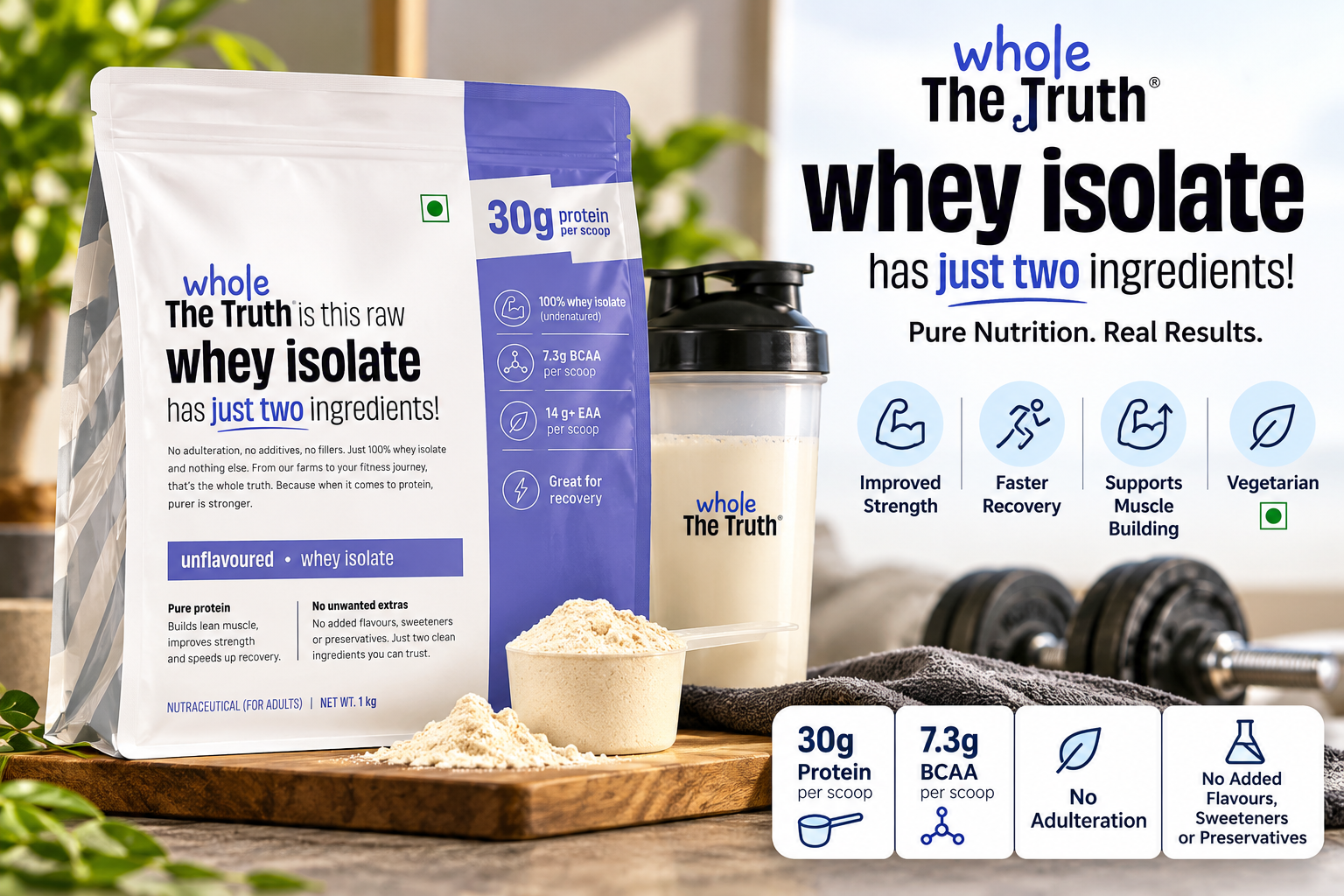 AI-generated illustration of Whole Truth unflavoured whey isolate with protein shake and fitness equipment