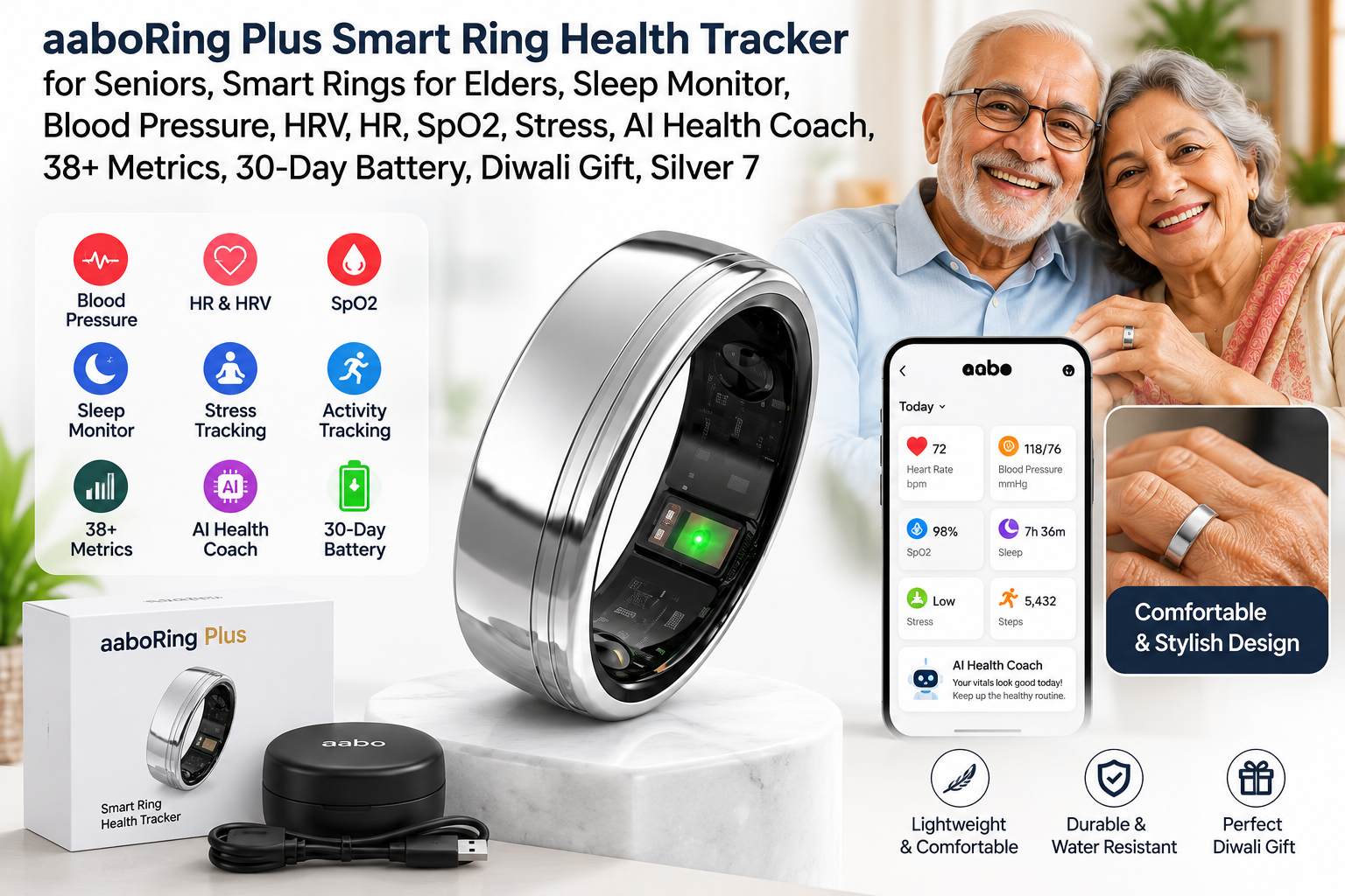 aaboRing Plus review: silver smart ring, charging case and illustrated sleep and wellness features