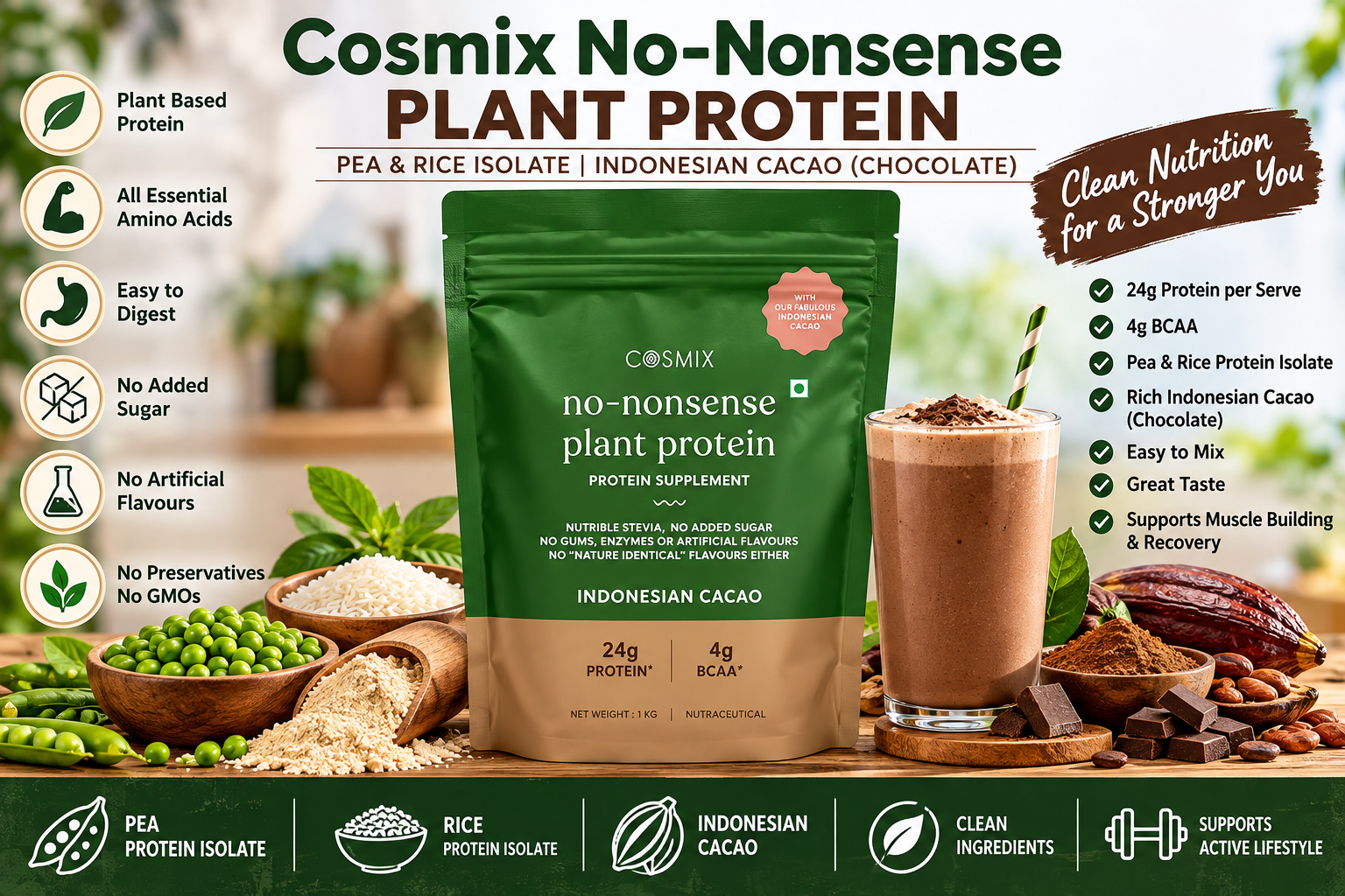Cosmix plant protein review illustration showing Indonesian Cacao protein powder with a chocolate shake, peas and rice