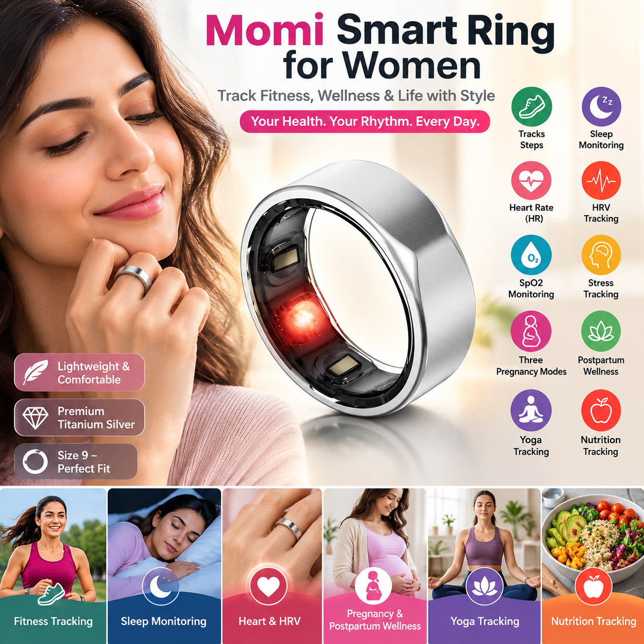 Janitri Momi Smart Ring review: silver ring illustration with sleep, activity and women’s wellness features