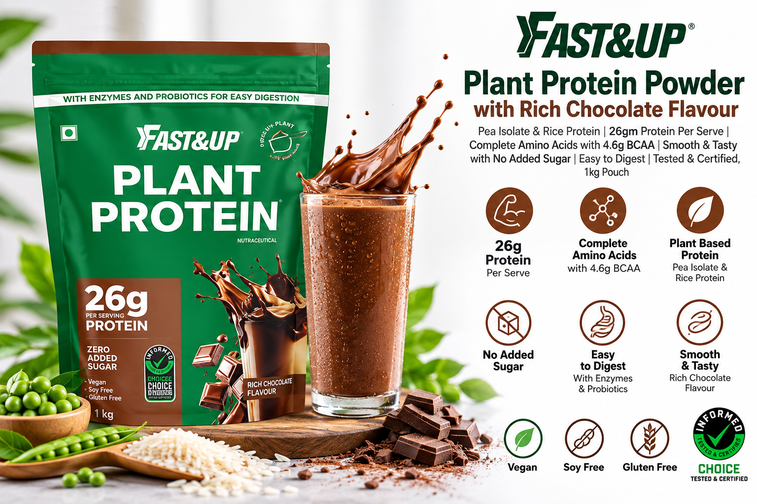 Fast&Up plant protein review: AI illustration of Rich Chocolate protein powder with a chocolate shake, peas and rice