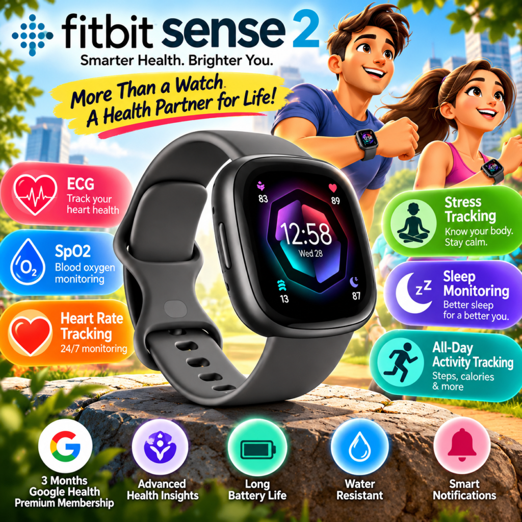 Fitbit Sense 2 review illustration showing the smartwatch with activity, sleep and wellness features